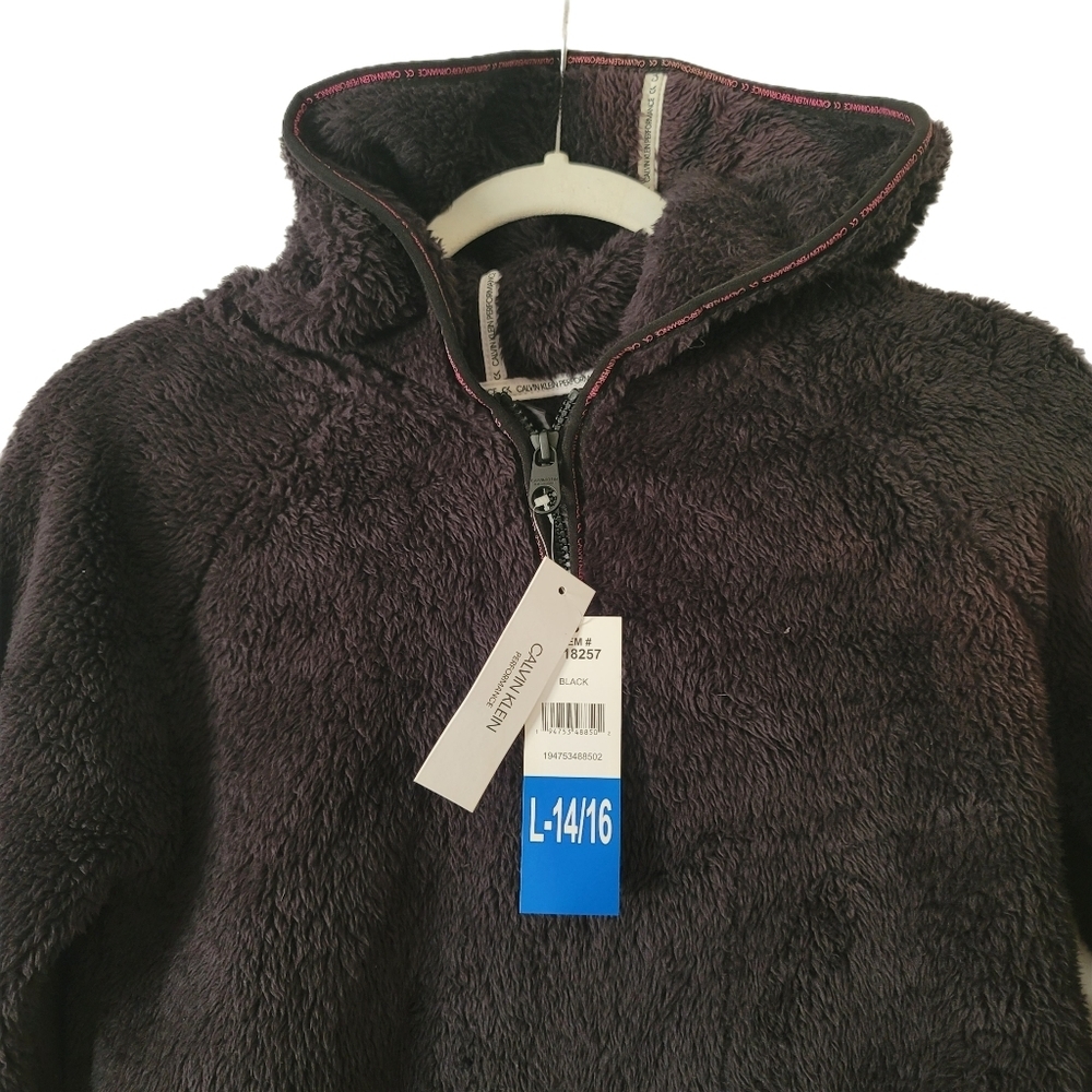 Calvin Klein Fleece Pullover Girls L Large 14/16 Black Hooded Quarter Zip - Picture 2 of 7